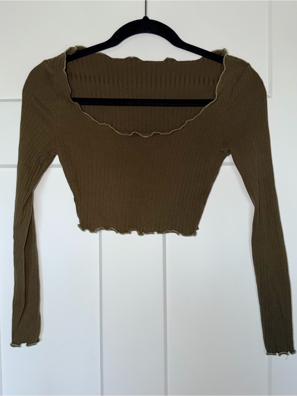 Army Green Ribbed Cropped Scoop Neck Long Sleeve